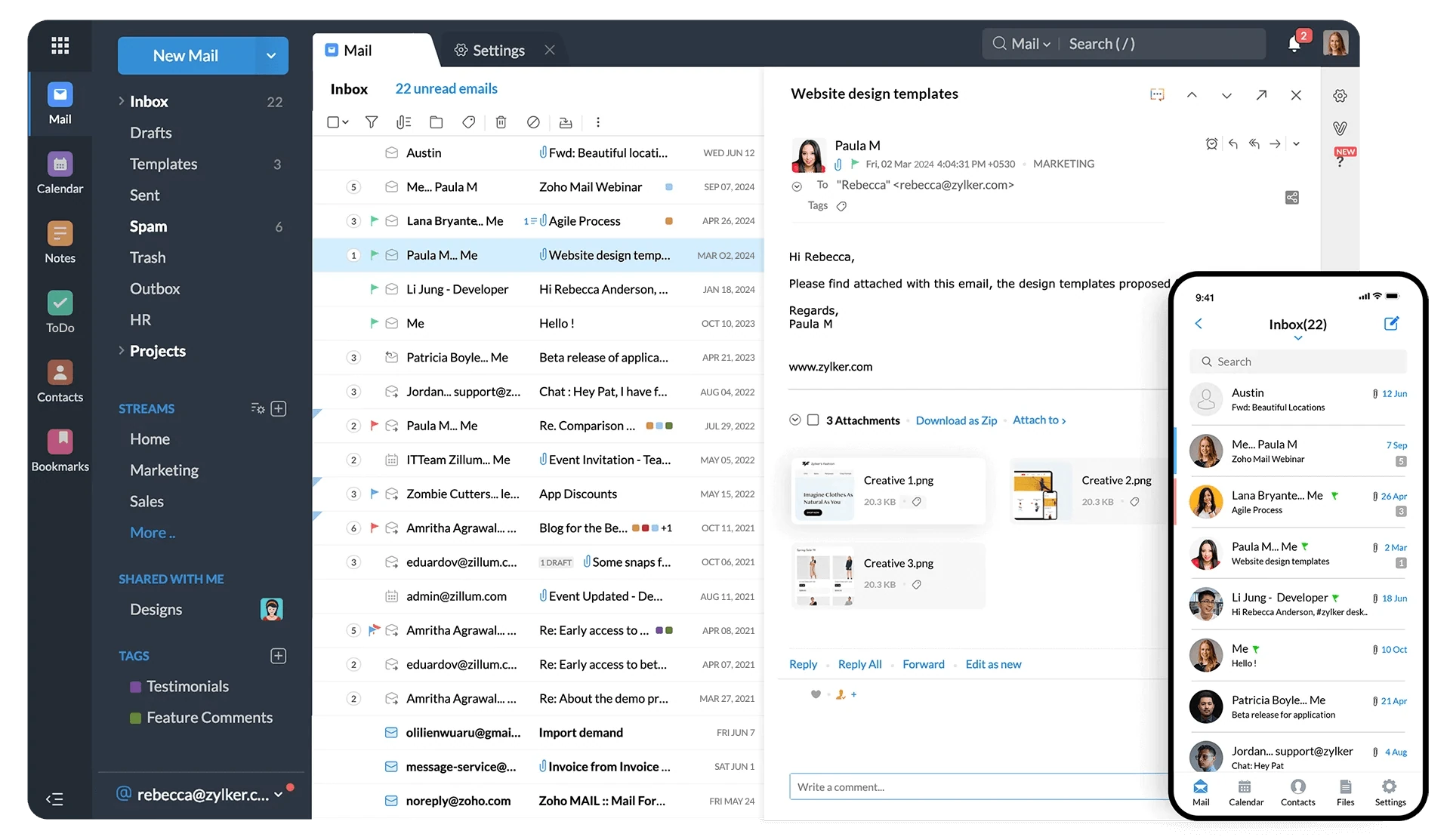 Zoho email dashboard for businesses
